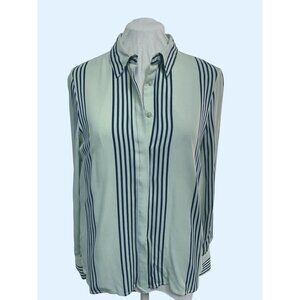 ICHI Pistachio & Navy Striped Soft Viscose Button-Down Blouse S